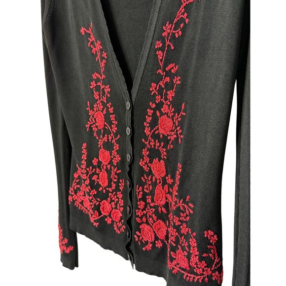 Cache Black Red Floral Embroidered Cardigan Women M Y2K Holidays Vintage - Picture 4 of 7